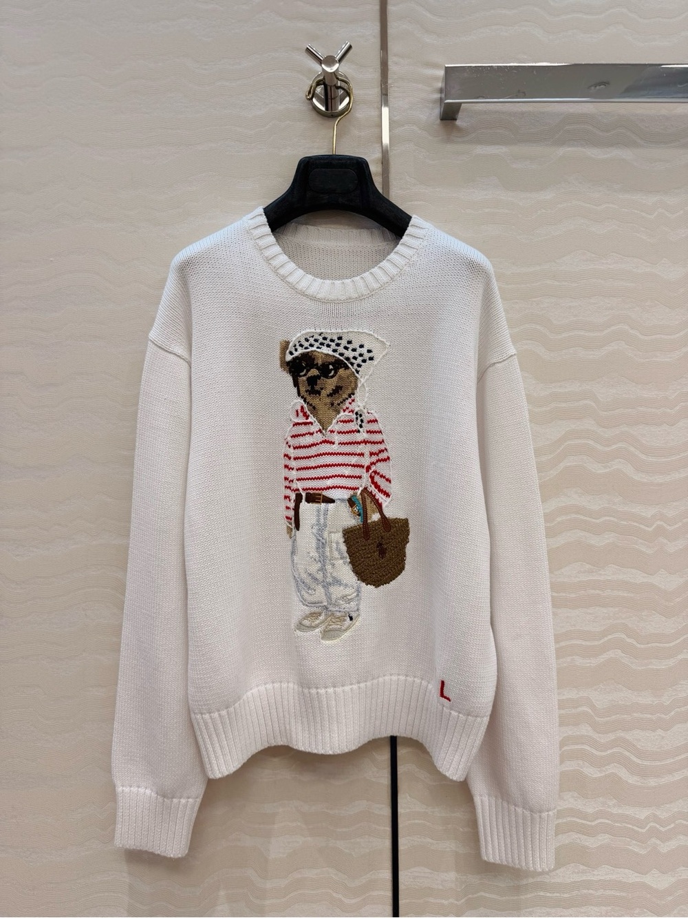 Polo by Ralph Lauren White Crewneck Sweater with Striped Bear Motif